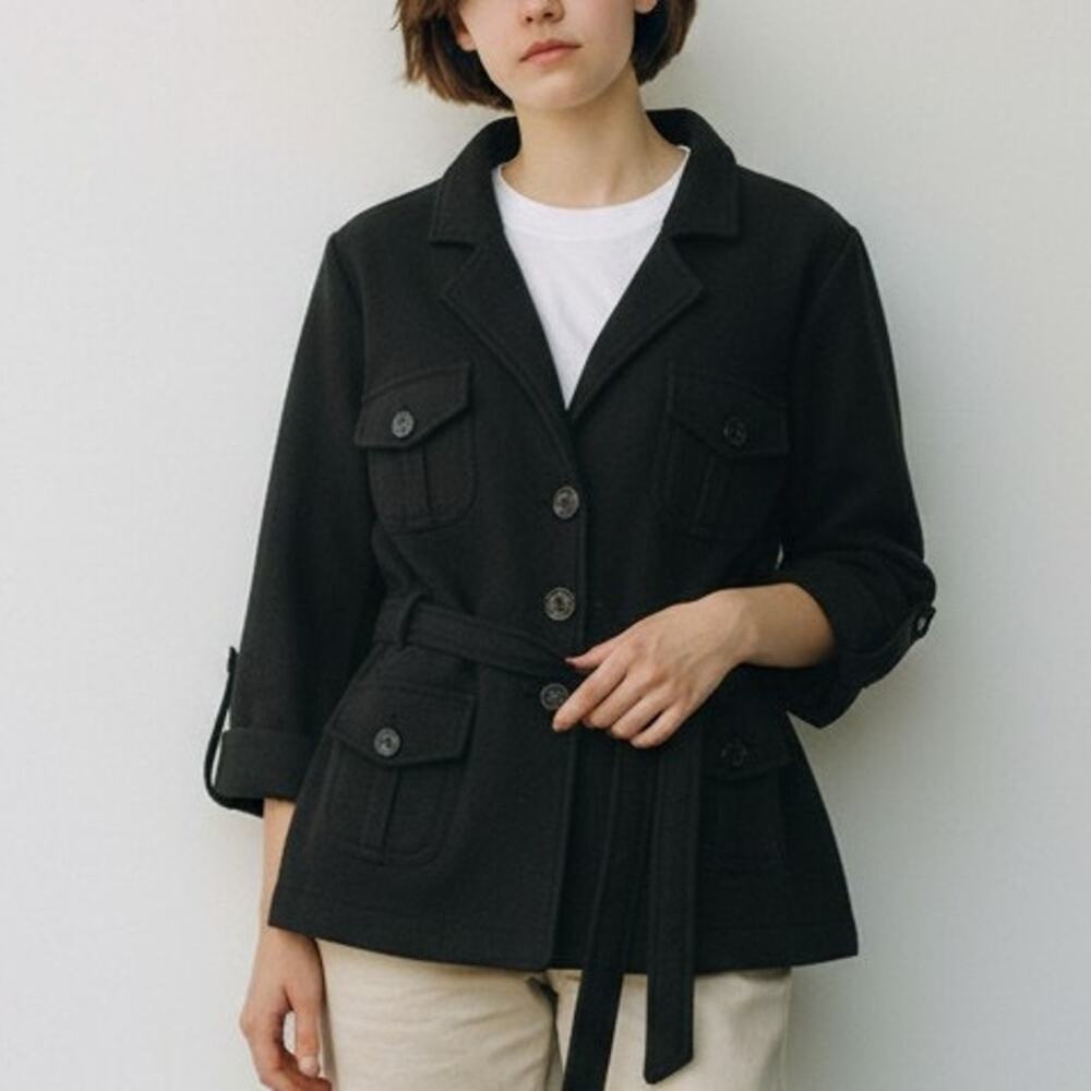 David Brooks Wool Jacket Lightweight Coat Belted Black Button up Pockets Women M